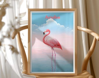 Aruba Travel Poster, Flamingo Beach, Caribbean Cruise, Beach Vibes, Caribbean Beach Print, Coastal Scenery Wall Art, Tropical Beach Scene
