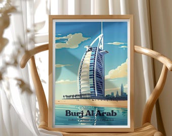 Burj Al Arab Hotel Illustration, Dubai Travel Wall Art, Iconic Architecture Poster, Vacation Destination, Unique Wedding Gift