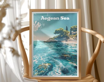 Aegean Sea Print Wall Art, Deep Blue Ocean Poster, Coastal Home Decor, Mediterranean Travel Gift, Vibrant Blue Aegean Sea Illustration