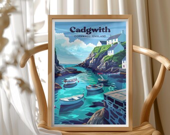 Cornwall England Travel Poster, Cadgwith Coastal Landscape Wall Art Nautical Decor Ocean Scene
