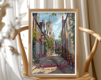 England UK Travel Poster, Cambridge Cityscape Wall Art, Travel Gift, London Travel Decor, Urban Landscape Illustration, Home Office Art