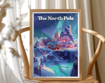 North Pole Christmas Illustration Poster Print, Festive Arctic Travel Art, Holiday Wall Decor, Winter Vacation, Christmas Holiday Poster