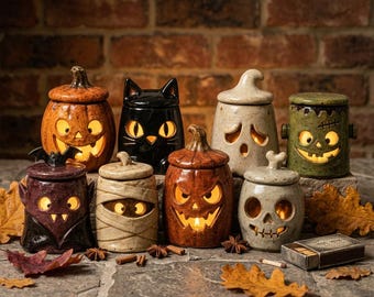 Spookkaarsenhouder, in de oven gebakken Halloweenkeramiek, griezelig theelichthuisje, keramische spookdecoratie, gezellig herfstcadeau, Halloweenfeestdecoratie
