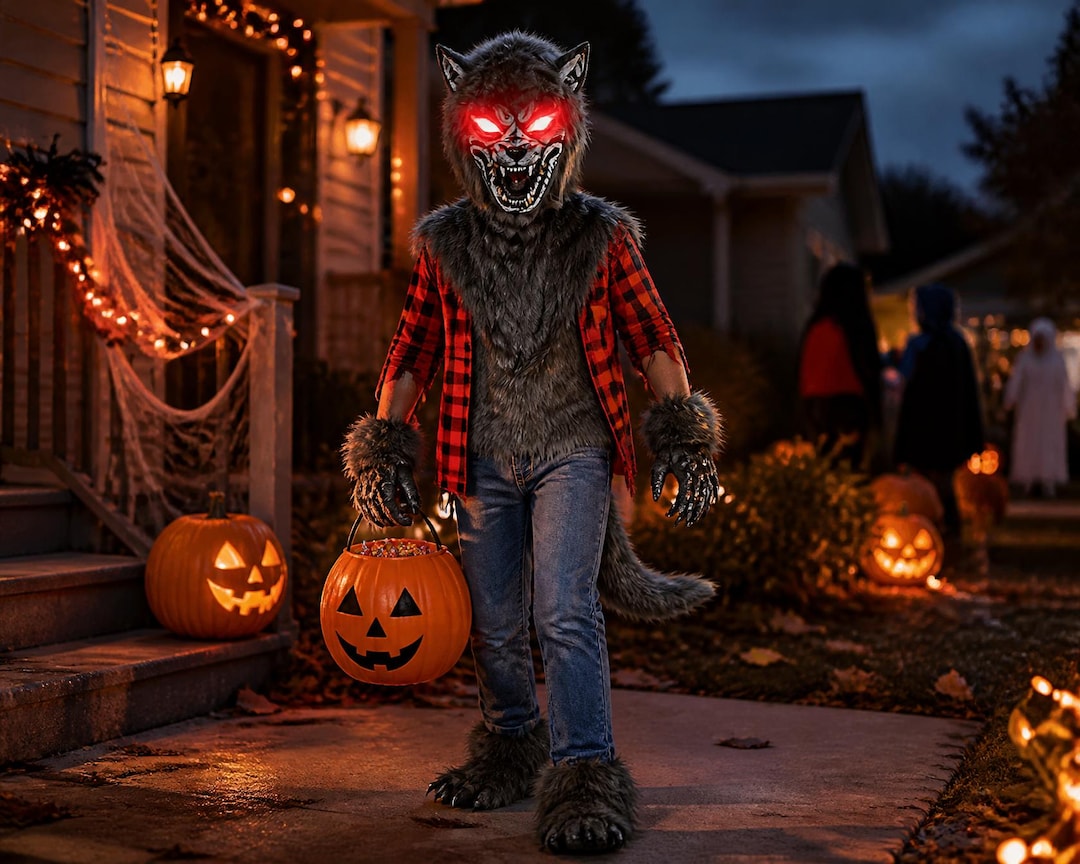 Werewolf Uniform Light up Werewolf Costume, Kids Halloween Wolf Outfit, Red Glowing Eyes ...