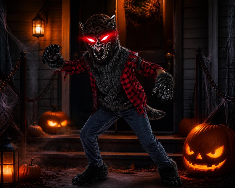 Werewolf Uniform Light up Werewolf Costume, Kids Halloween Wolf Outfit, Red Glowing Eyes ...