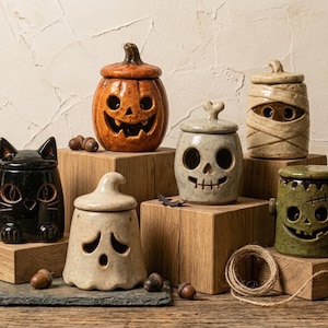 May include: A collection of six ceramic jars featuring Halloween-themed designs including a glossy black cat, an orange pumpkin, a beige ghost, a speckled grey skull, a tan mummy, and a green monster, each with a removable lid and cutout features.