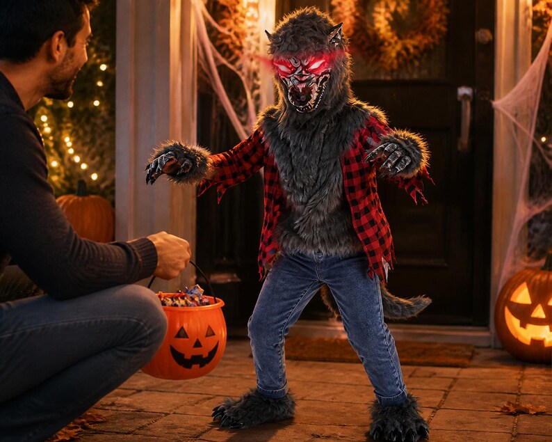 Werewolf Uniform Light up Werewolf Costume, Kids Halloween Wolf Outfit, Red Glowing Eyes ...