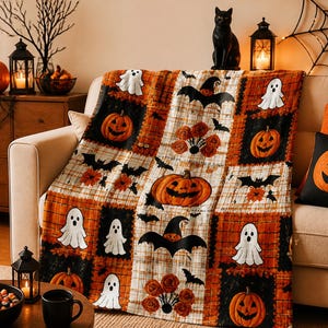 Vintage Halloween Blanket, Patchwork Pumpkin Ghost Throw, Spooky Bat Autumn Decor, Halloween Housewarming Gift