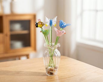 Miniature Hand Blown Glass Animal Bouquet, Tiny Bird Bee Butterfly in Mini Vase, Spring Floral Decor, Mothers Day Gift, Gift for Her