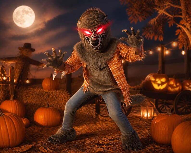 Werewolf Uniform Werewolf Halloween Costume, Boys Wolf Dress up Set, Glowing Red Eyes ...