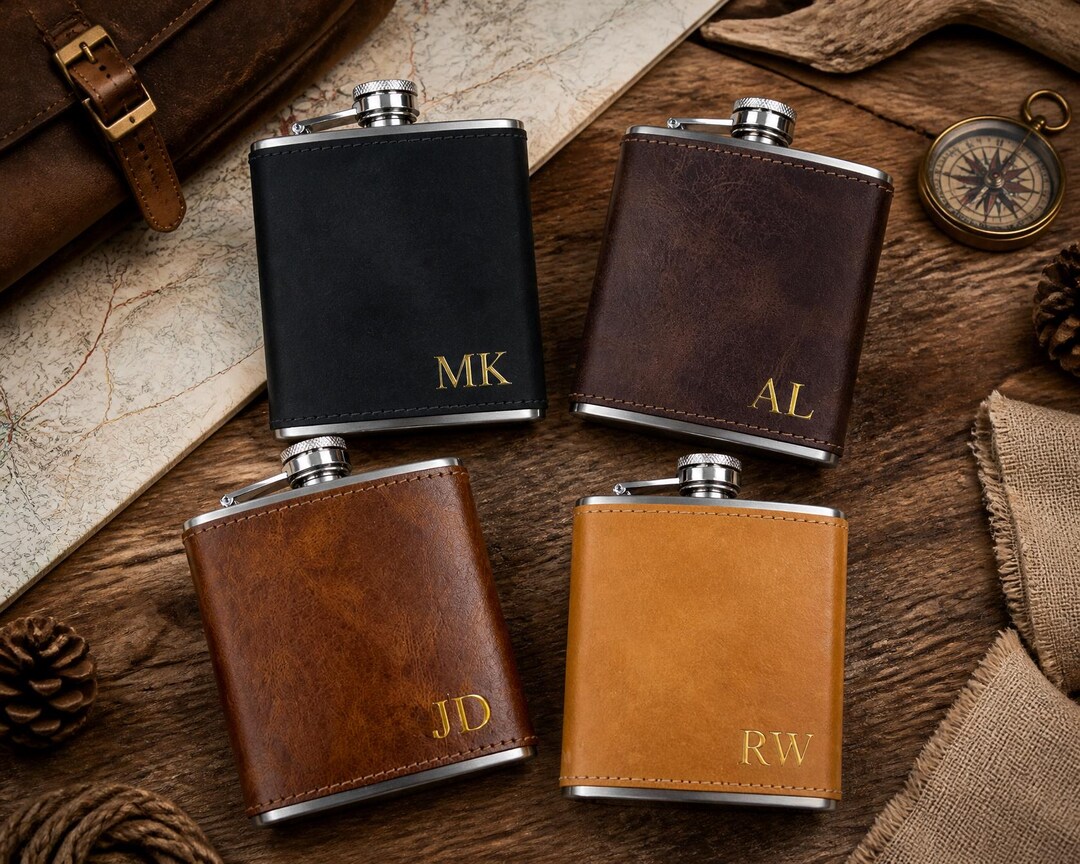 Monogram Leather Flask, Custom Initial Hip Flask, 6oz Stainless Steel ...