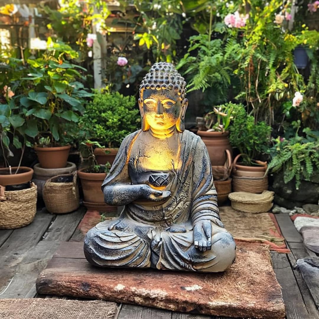 Stone Buddha Garden Statue With LED Tea Light Zen Meditation Decor ...