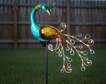 Solar Peacock Garden Stake Light | Metal Outdoor Yard Decor | LED Bird Sculpture | 44" Large Lawn Ornament | Patio Art | Gift for Gardener