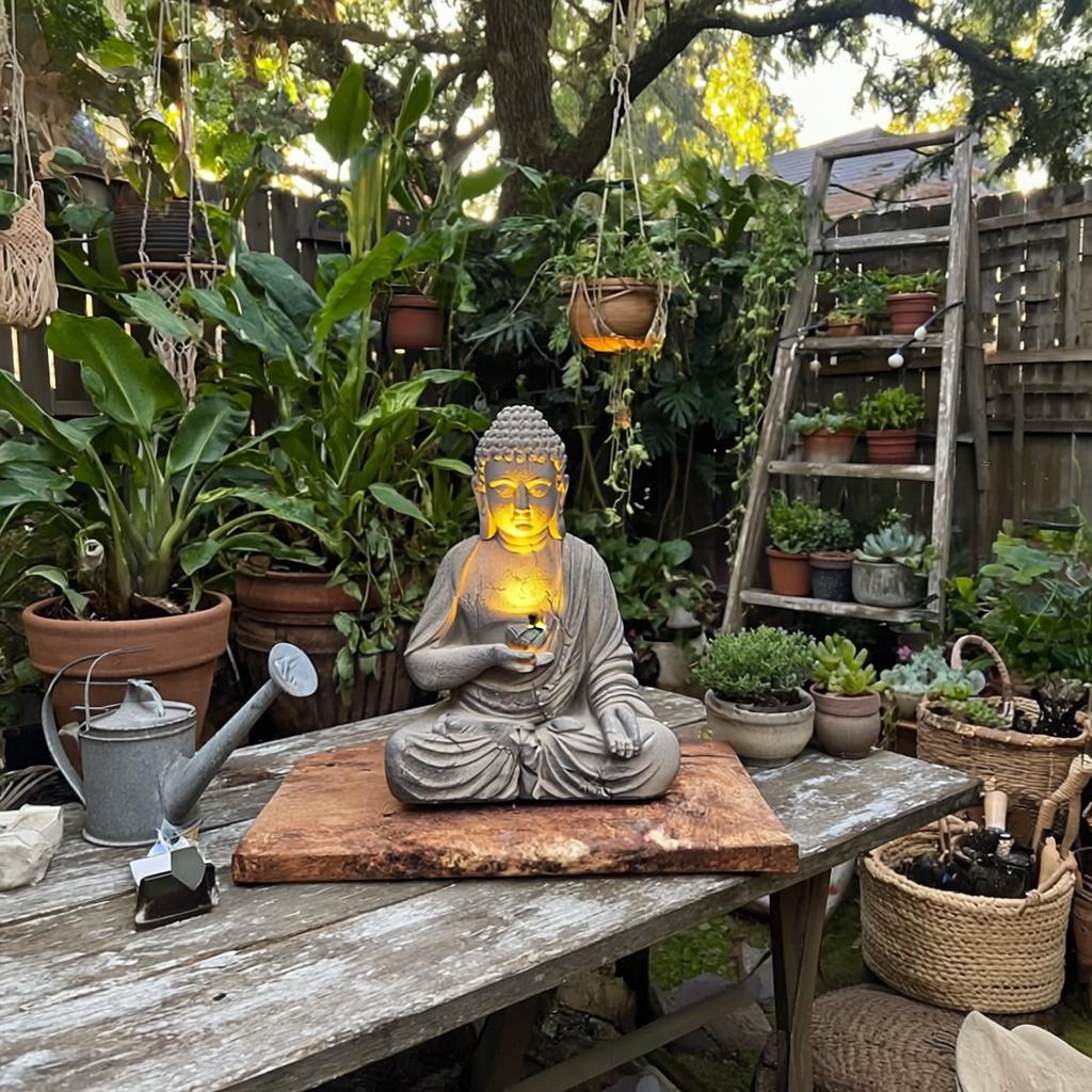 Stone Buddha Garden Statue With LED Tea Light Zen Meditation Decor ...