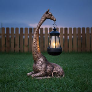 Giraffe Solar Light Garden Statue | Outdoor Safari Decor | Resin Animal Sculpture with Solar Lantern | Patio Lawn Ornament | Unique Gift