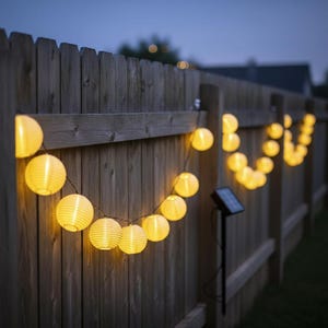 May include: A line of glowing, spherical, yellow paper lanterns strung along a wooden fence. The solar-powered lights emit a warm light against the evening sky. The fence is constructed from vertical wooden planks, creating a rustic backdrop.