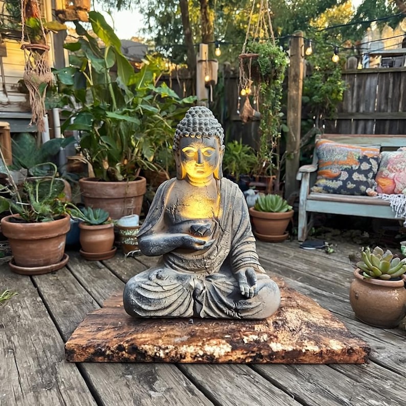 Stone Buddha Garden Statue With LED Tea Light Zen Meditation Decor ...