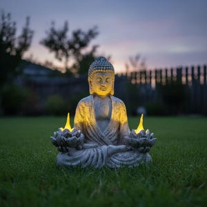 May include: A gray stone Buddha statue in a seated meditation pose, illuminated by warm yellow lights emanating from lotus flower-shaped bases. The statue is set on a green lawn with a blurred background of trees and a fence.