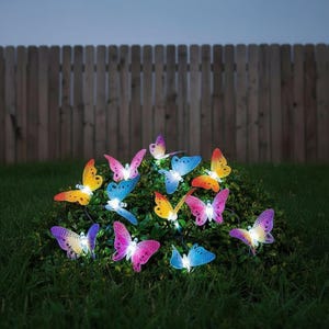 Op de afbeelding: Een cluster van kleurrijke, verlichte vlinderdecoraties. De vlinders zijn in tinten roze, geel, blauw en paars, met lampjes erin. Ze zijn gerangschikt op een groene struik voor een houten hek.