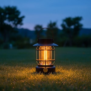 Op de afbeelding: Een donkerbruine lantaarn met een warm, gloeiend licht staat op een grasveld in de schemering. De lantaarn heeft een handvat en een kooi-achtig ontwerp rond de lichtbron. De achtergrond toont bomen en een donkerblauwe lucht.