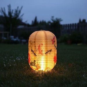 May include: A glowing, cylindrical paper lantern with a warm, yellow light. The lantern features a floral and insect design in red and black. It is sitting on green grass, with a dark background.