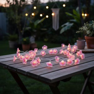 以下が含まれることがあります： ピンクの花の形をしたフェアリーライトのストリングが木製のテーブルを照らしています。ライトは円形に配置され、柔らかい光を放っています。背景には、追加のライトを備えた庭の設定があります。
