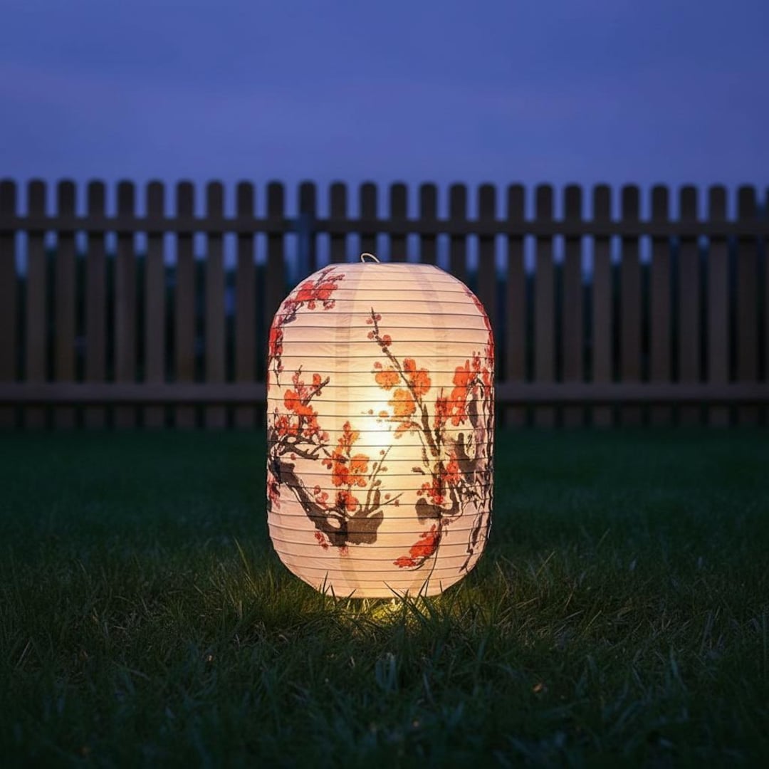 Solar Japanese Lantern Outdoor Waterproof |cherry Blossom Floral Hanging Light |asian Garden Decor |zen Patio Porch Solar Pendant Lamp |25cm - Etsy
