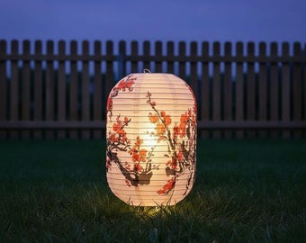 Solar Japanese Lantern Outdoor Waterproof |Cherry Blossom Floral Hanging Light |Asian Garden Decor |Zen Patio Porch Solar Pendant Lamp |25cm