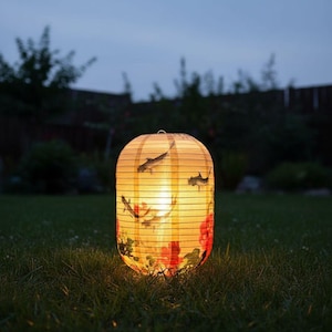 May include: A glowing, cylindrical paper lantern with a fish and floral design. The lantern is lit from within, casting a warm light on the surrounding grass. The design features black fish and red flowers.