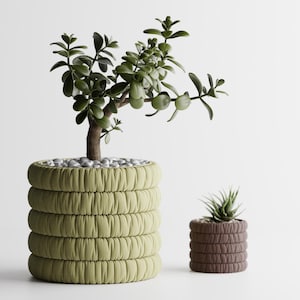 May include: Two decorative plant pots. The larger one is olive green with a textured, stacked design, filled with small grey stones and a jade plant. A smaller brown pot holds a succulent.