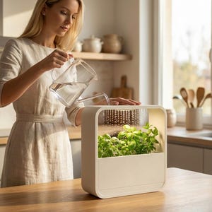 Op de afbeelding: Een vrouw giet water uit een heldere kan in een kleine, crèmekleurige kruidentuin voor binnen. De tuin heeft een rechthoekige basis en een vierkant frame, met groene kruiden die erin groeien. De scène speelt zich af in een goed verlichte keuken.