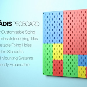 May include: A colorful SKÅDIS pegboard with blue, red, green, and yellow sections. The pegboard features a grid of small holes for attaching accessories. Text on the left side reads "SKÅDIS PEGBOARD" and lists features like "Fully Customisable Sizing" and "Seamless Interlocking Tiles."