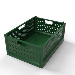 May include: A dark green, rectangular, foldable storage crate. The crate has cut-out handles on the sides and a series of diagonal slits for ventilation. The crate is designed to be collapsible for easy storage when not in use.