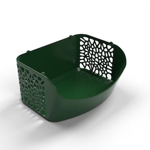May include: A dark green, open-top storage basket with a curved design. The sides feature a decorative, openwork pattern. The basket is made of a solid material and sits on a white surface.