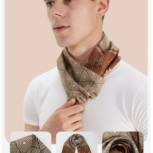 May include: A brown and beige scarf featuring a geometric pattern of concentric circles and linear symbols. The scarf has a rectangular shape with a dark brown border and a repeating print of abstract shapes and circular motifs throughout the fabric.
