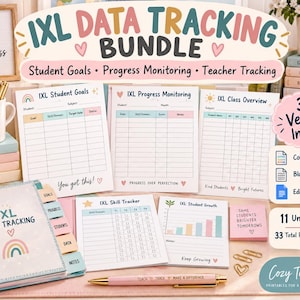 May include: An IXL data tracking bundle featuring printable sheets for student goals, progress monitoring, and class overviews. Includes a spiral-bound notebook, skill trackers, and growth charts with pastel accents, plus information on 3 versions and 11 unique pages.