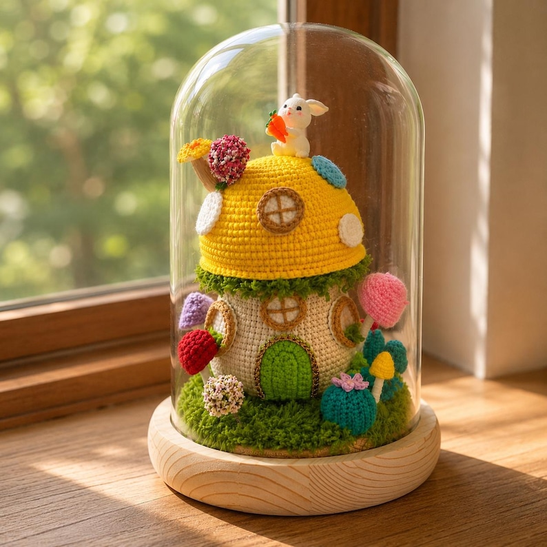 Handmade Crochet Mushroom House Lamp, Fairy Night Light, Bunny Cottage ...
