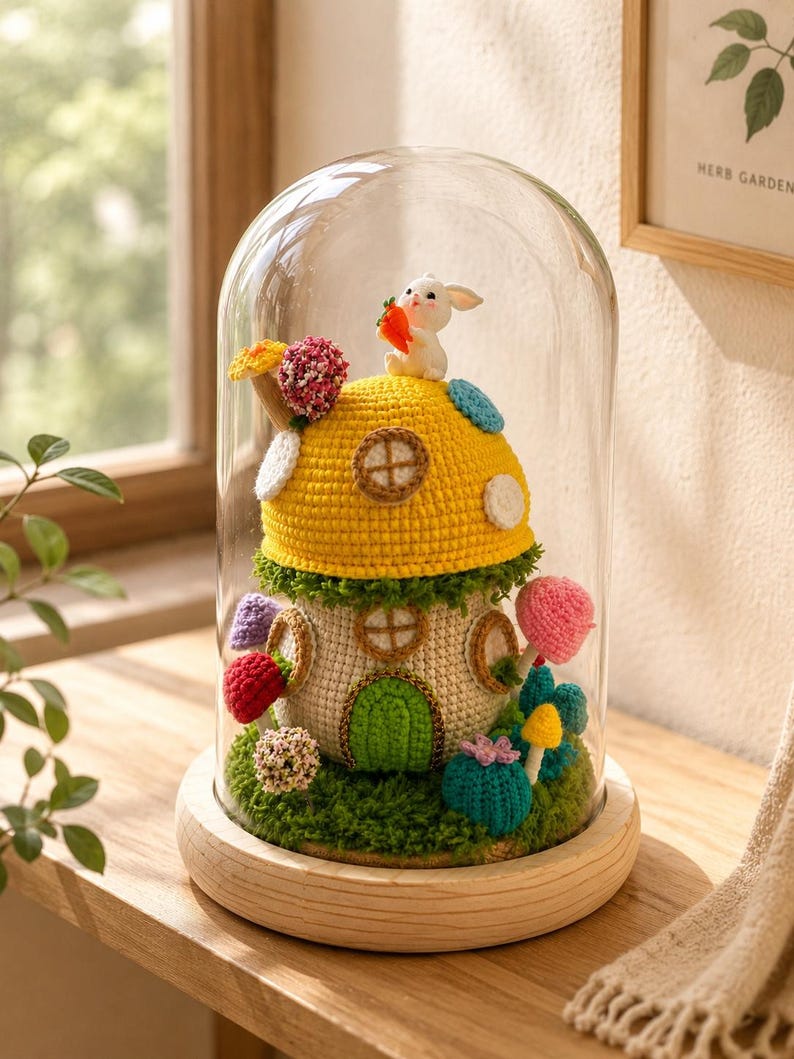 Handmade Crochet Mushroom House Lamp, Fairy Night Light, Bunny Cottage ...