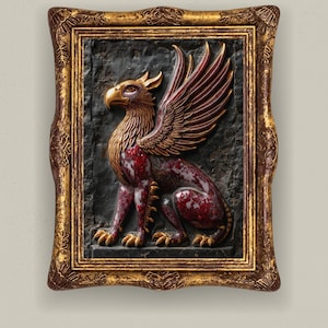 Persian Griffin Wall Art, Persepolis Stone Relief Print, Achaemenid Mythology Poster, Ancient Iranian Decor, Ruby Gold Art
