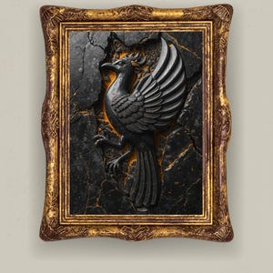 May include: A framed artwork featuring a detailed relief of a phoenix. The bird is rendered in dark gray against a cracked black background with golden accents. The ornate frame is brown and gold, adding to the artwork's classical aesthetic.