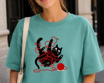 Funny Black Cat Shirt, Tangled Yarn Cat Tee, Cat Lover Gift, Knitting Unisex Comfort Colors®