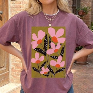 Unisex Abstract Floral Shirt, Pink Flower T-Shirt, Folk Art Botanical Tee, Boho Garden Graphic Shirt, Comfort Colors®