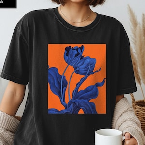 Unisex Blue Tulip Floral Shirt, Modern Botanical T-Shirt, Orange Background Art Tee, Statement Flower Graphic Gift Comfort Colors®