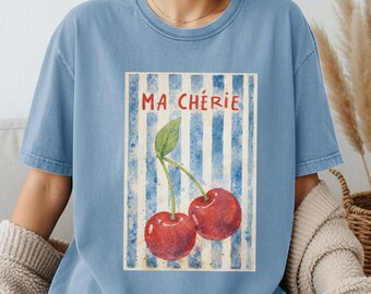 Koszulka Ma Chérie Cherry, koszulka z grafiką w stylu vintage w stylu francuskim, uroczy, letni, estetyczny T-shirt unisex, owoce retro, wakacyjny klimat, Art Comfort Colors®