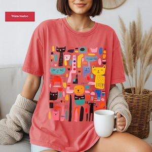 Whimsical Cat Shirt, Colorful Abstract Cat Lover Tee, Cute Unisex Graphic T-Shirt Comfort Colors®