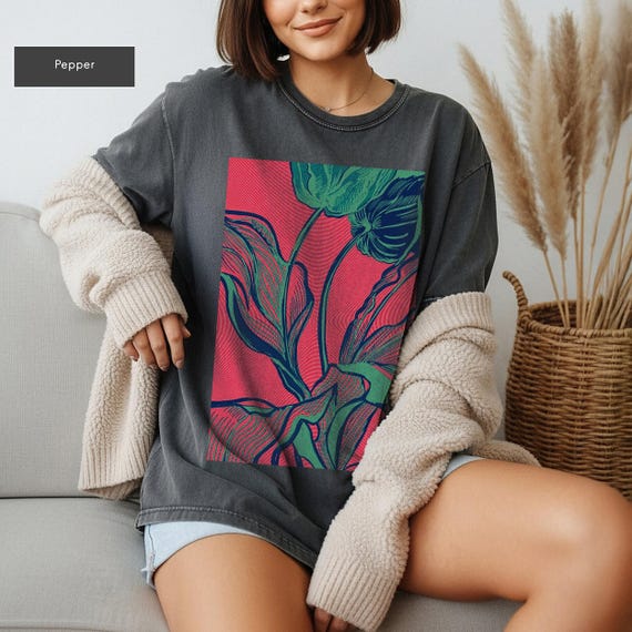 Abstract Botanical Shirt, Linocut Plant Graphic Tee, Retro Nature Aesthetic T-Shirt, Boho Plant Lover Gift, Comfort Colors Oversized Tee
