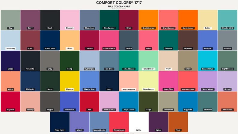 May include: A Comfort Colors 1717 full color chart displaying a grid of numerous square color swatches. Each square features a distinct solid color with its corresponding name printed in black or white text centered within the individual block.