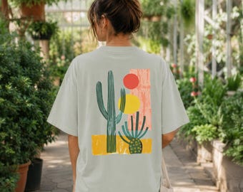 Unisex Cactus Shirt, Desert Sunset Tee, Front Pocket Print Back Graphic Shirt, Comfort Colors®