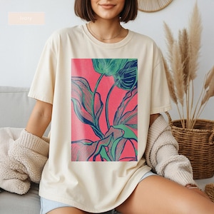 Abstract Botanical Shirt, Linocut Plant Graphic Tee, Retro Nature Aesthetic T-Shirt, Boho Plant Lover Gift, Comfort Colors Oversized Tee image 3