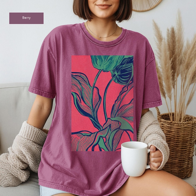 Abstract Botanical Shirt, Linocut Plant Graphic Tee, Retro Nature Aesthetic T-Shirt, Boho Plant Lover Gift, Comfort Colors Oversized Tee image 5